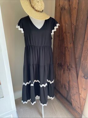 Black Midi Tiered V-Neck Dress with Fun Rick Rack Trim